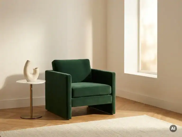Groene velvet fauteuil in modern interieur met grote raam en houten vloer.