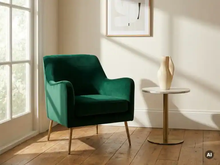 Luxuriöser grüner Sessel in einem hellen Wohnzimmer mit Holzboden und einer dekorativen Vase.