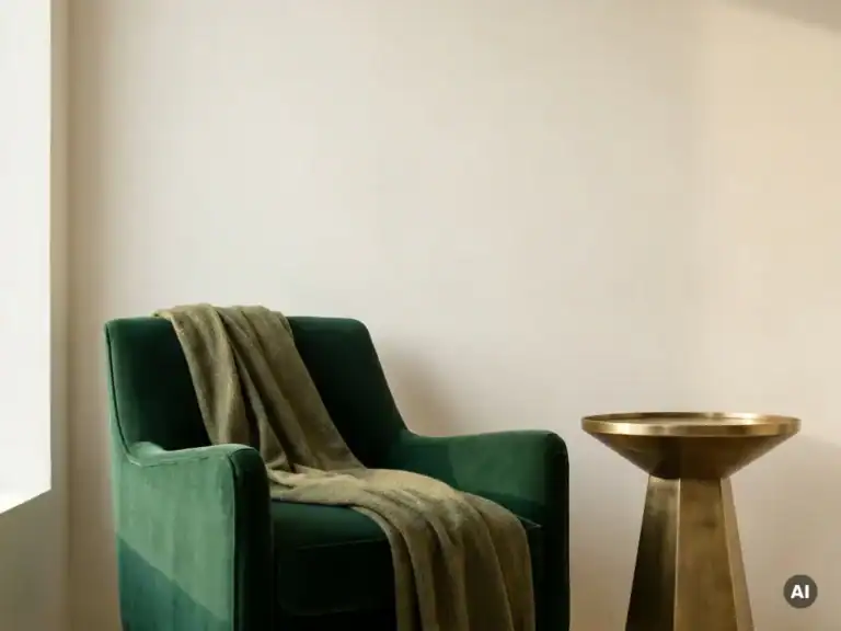 Luxuriöser grüner Sessel mit beiger Decke in einem modernen Interieur.