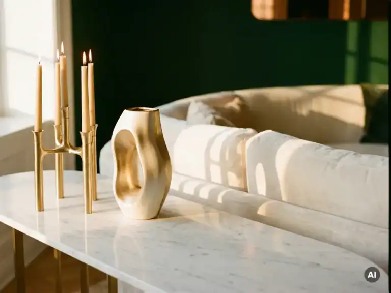 Elegant woonkamer met marmeren tafel en gouden decoraties.