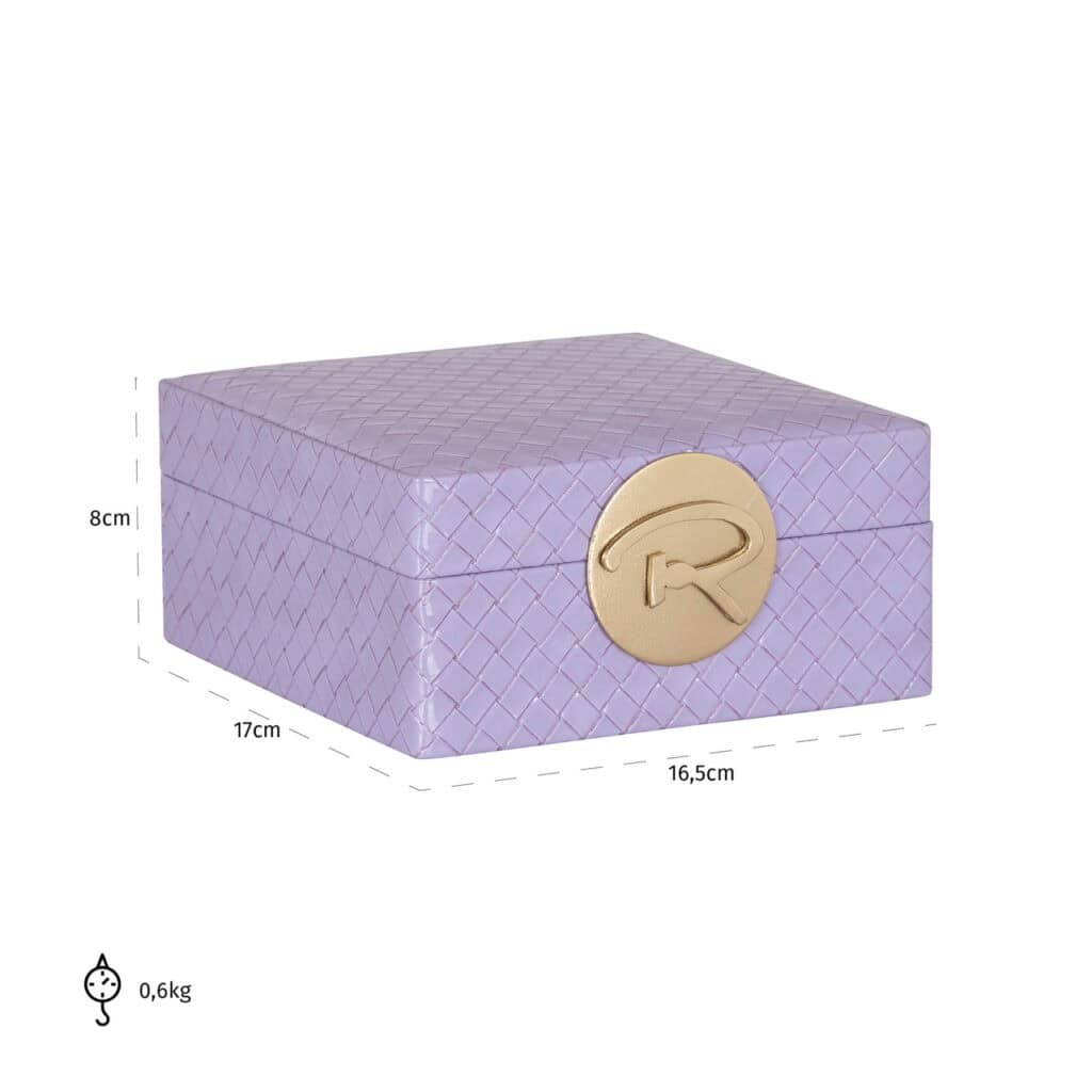 Lilac storage box with a gold "R" logo for stylish organization.