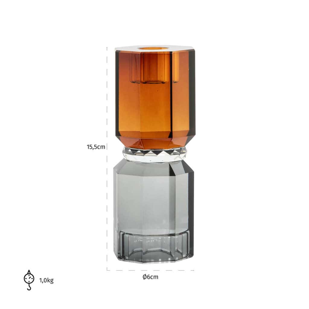 Stylish " Thyra  "Candle holder with amber-colored glass and a silver base.