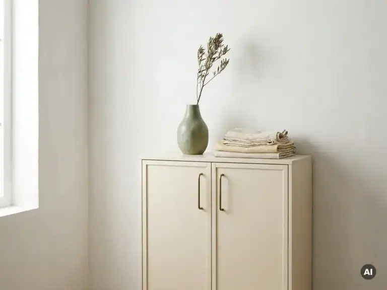 Elegante weiße „ Schrank “ mit Vase und dekorativen Zweigen als Innendekoration.