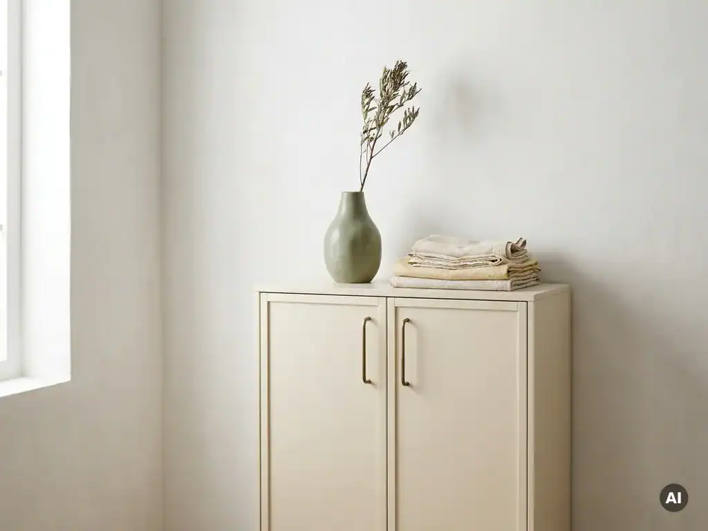 Elegante weiße „ Schrank “ mit Vase und dekorativen Zweigen als Innendekoration.