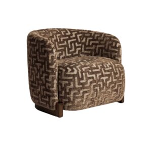 Luxury armchair with a geometric pattern in shades of brown and beige.
