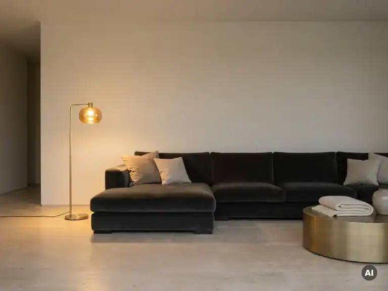 Modernes Wohnzimmer mit einem schwarzen „ Sofa “, einem goldenen Couchtisch und einer Stehlampe.