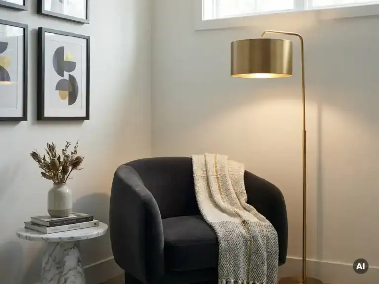 Stilvolle Sitzecke mit schwarzem Sessel und goldener Stehlampe.