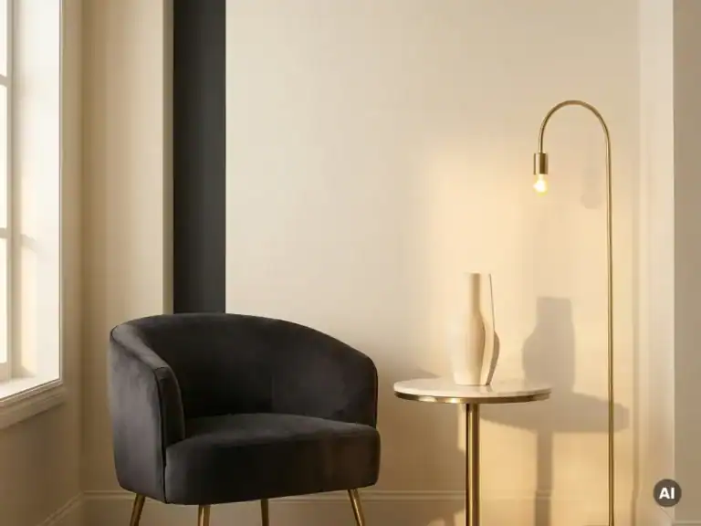 Stilvolle, moderne Lounge mit schwarzem Sessel und goldener Stehlampe.
