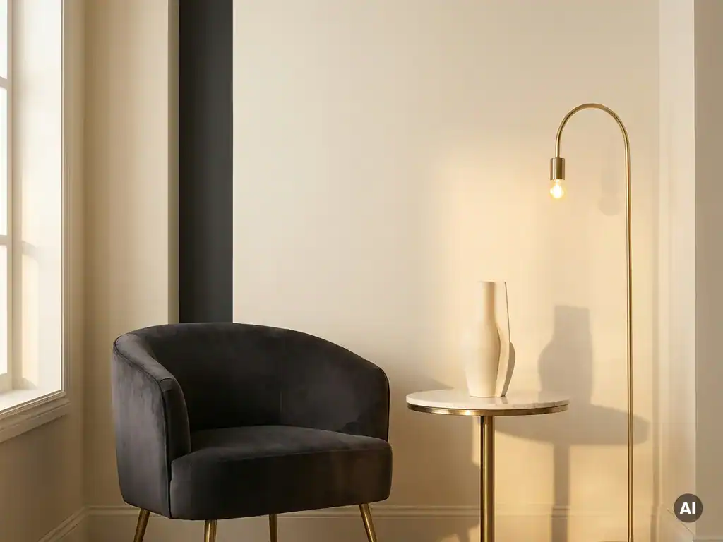 Stijlvolle moderne lounge met zwarte fauteuil en gouden vloerlamp.