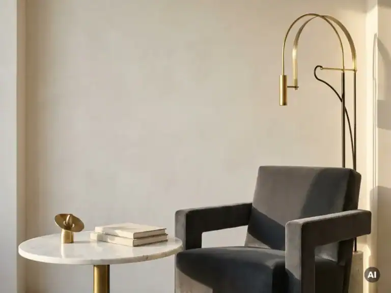 Moderne Lounge mit bequemem Sessel und stilvoller Lampe.
