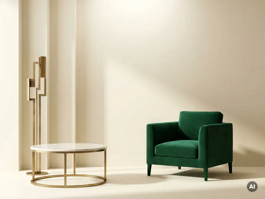 Elegant groene fauteuil en salontafel in minimalistische woonkamer.