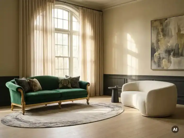 Elegantes Wohnzimmer mit großen Fenstern, grünen und weißen Möbeln sowie Kunstwerken.