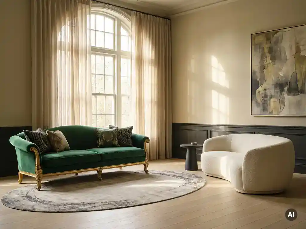 Elegant woonkamer met grote ramen, groene en witte meubels en kunstwerk.