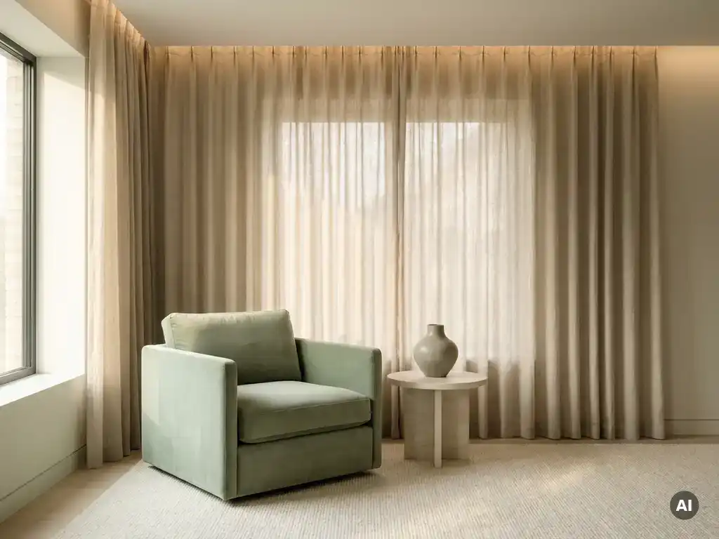 Gezellig zithoek met groene fauteuil en beige gordijnen.