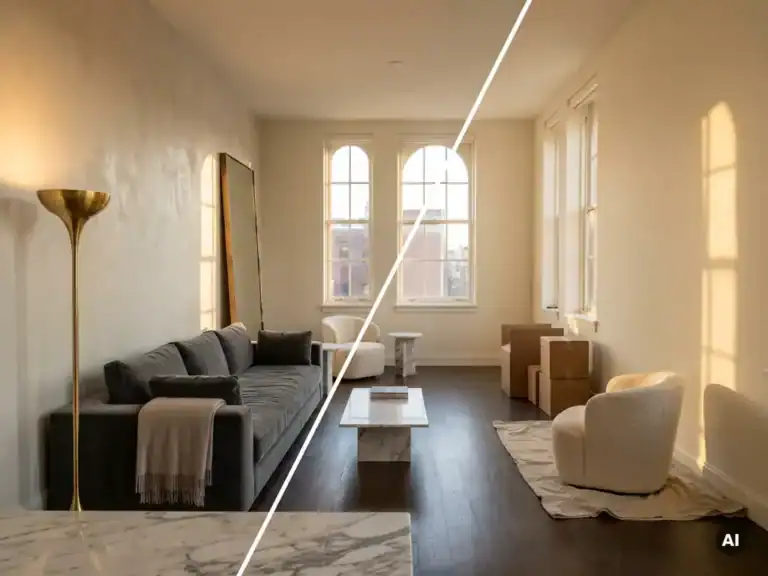 Helles Wohnzimmer mit großen Fenstern, modernen Möbeln und viel natürlichem Licht.