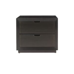 Schlichtes schwarzes „ Nachttisch “ mit zwei Schubladen für das Schlafzimmer.