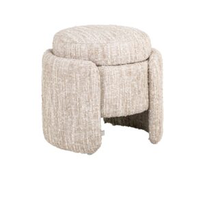 Beige fabric ottoman with a round shape and modern design.