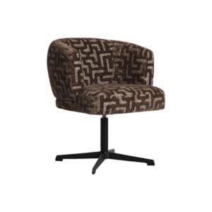 Moderner Designerstuhl mit geometrischem Muster in Braun und Schwarz.