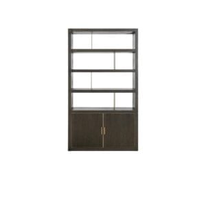Bücherschrank -Regal aus Holz mit offenen Regalböden und geschlossenem Unterschrank.