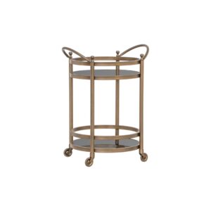 Metalen serveerwagen met twee planken en wieltjes voor elegant interieur.