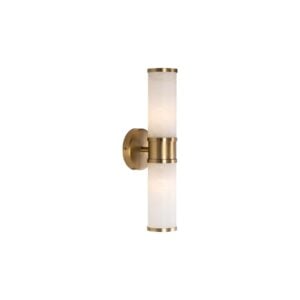Elegante wandlamp met goudkleurige afwerking en witte glazen kappen.