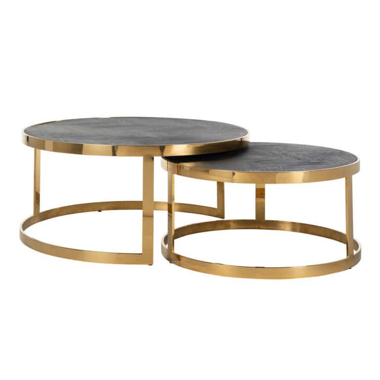 Élégant ensemble de deux tables basses aux finitions noires et dorées.