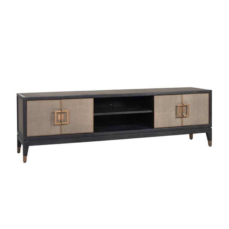 Meuble TV élégant aux détails « brass » et à la finition « shagreen ».