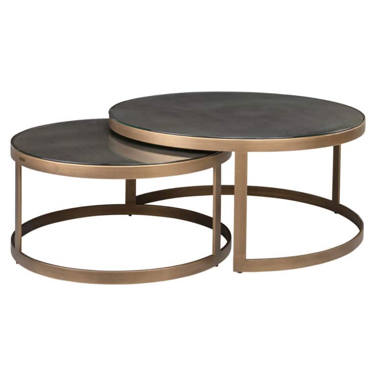 Lot de deux tables basses modernes avec des plateaux noirs et des bords dorés.