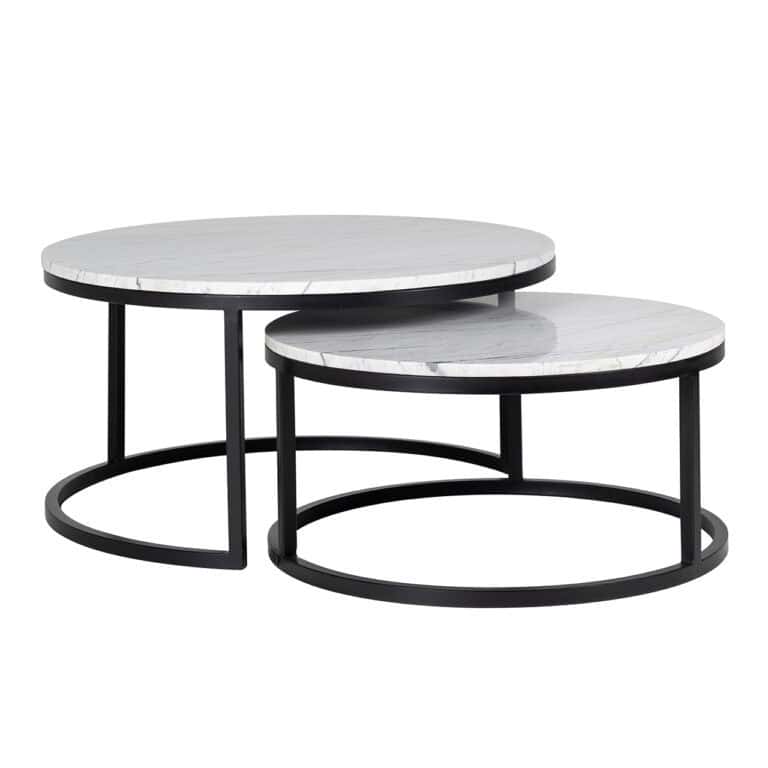 Tables basses modernes blanches avec une structure en métal noir.