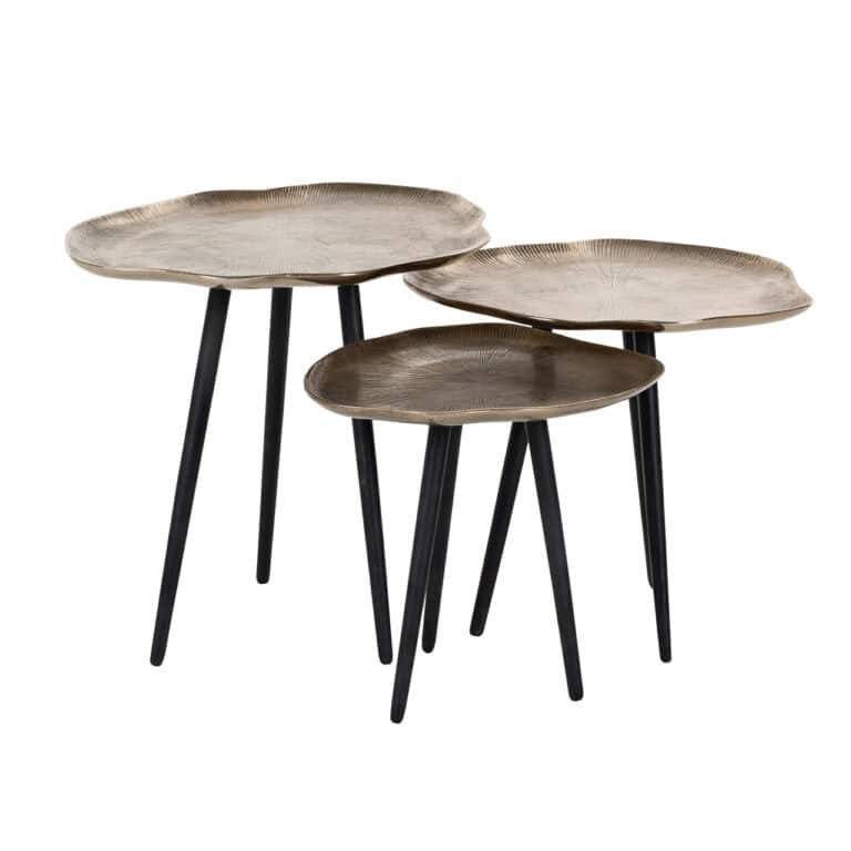 Lot de 3 tables basses élégantes Volenta en champagne gold  avec des pieds noirs.