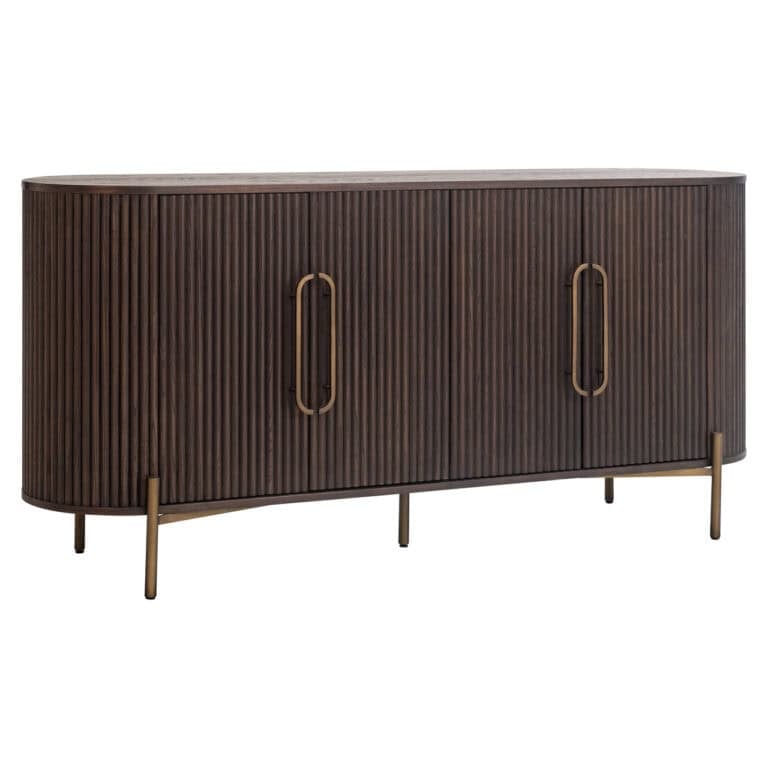 Élégant buffet marron « Luxor » orné de rainures verticales et doté de poignées dorées.