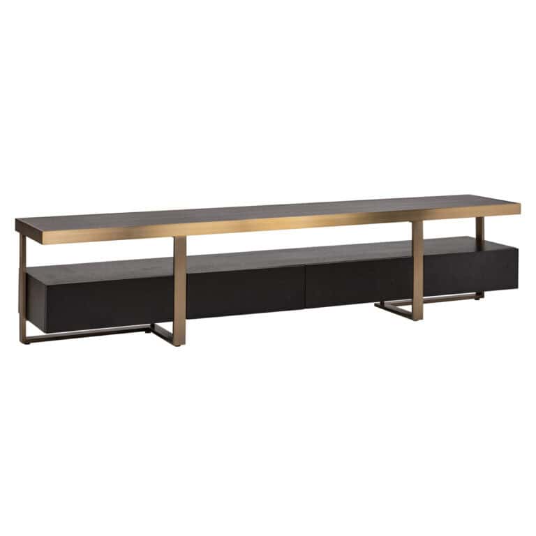 Meuble TV moderne Alexander Jones, modèle « charcoal », avec plateau en bois.