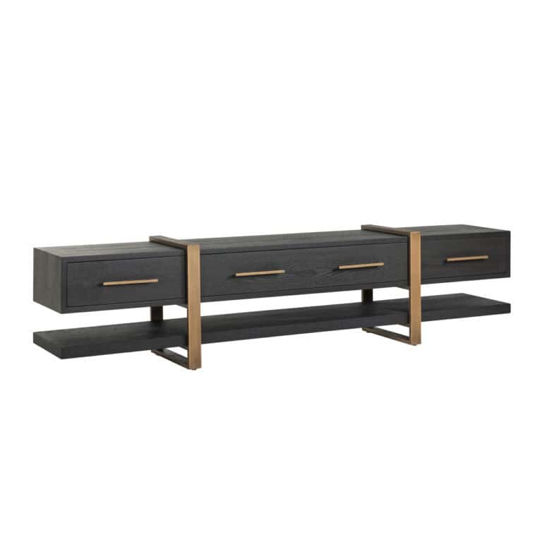 Meuble TV moderne « Cambon » en chêne foncé avec des détails en bois.