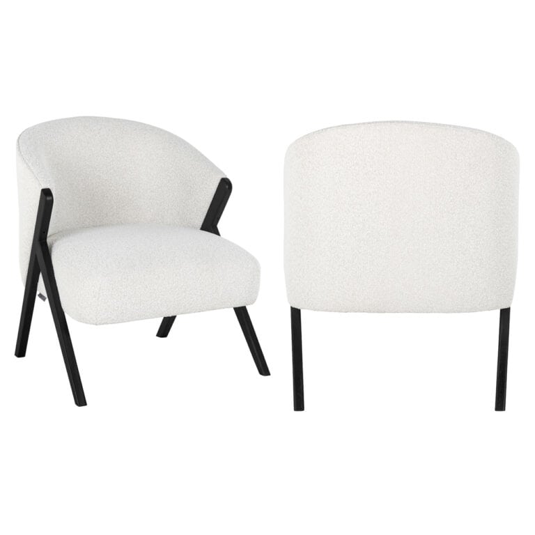 Mia , a modern lounge chair in white bouclé fabric with black legs.