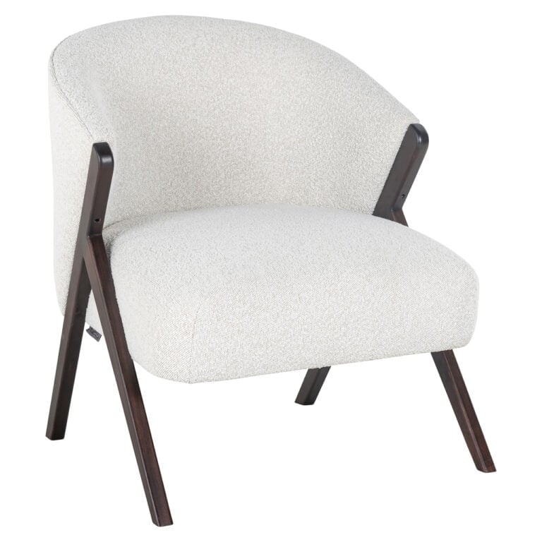 Mia , a modern lounge chair with white upholstery and wooden legs.