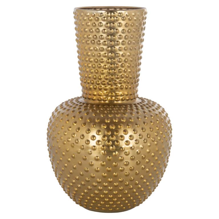 A gold-colored vase with a textured pattern of small spheres—elegant and modern.