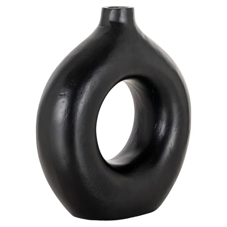Black ceramic vase with a round opening, modern design.
