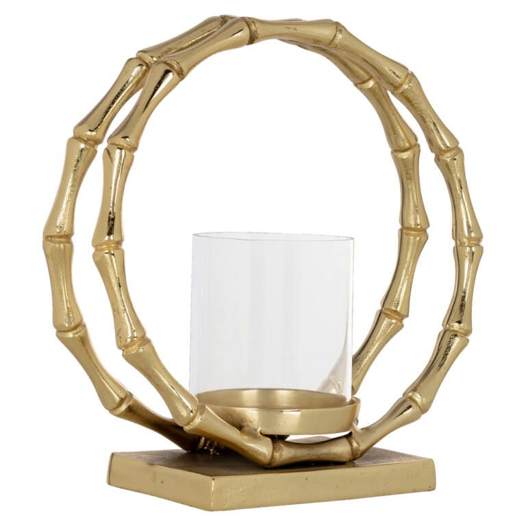 Goudkleurig windlicht met glazen kaars in een decoratief frame.