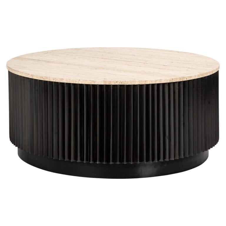 Moderne ronde salontafel met zwart ribbelontwerp en beige marmeren bovenkant.