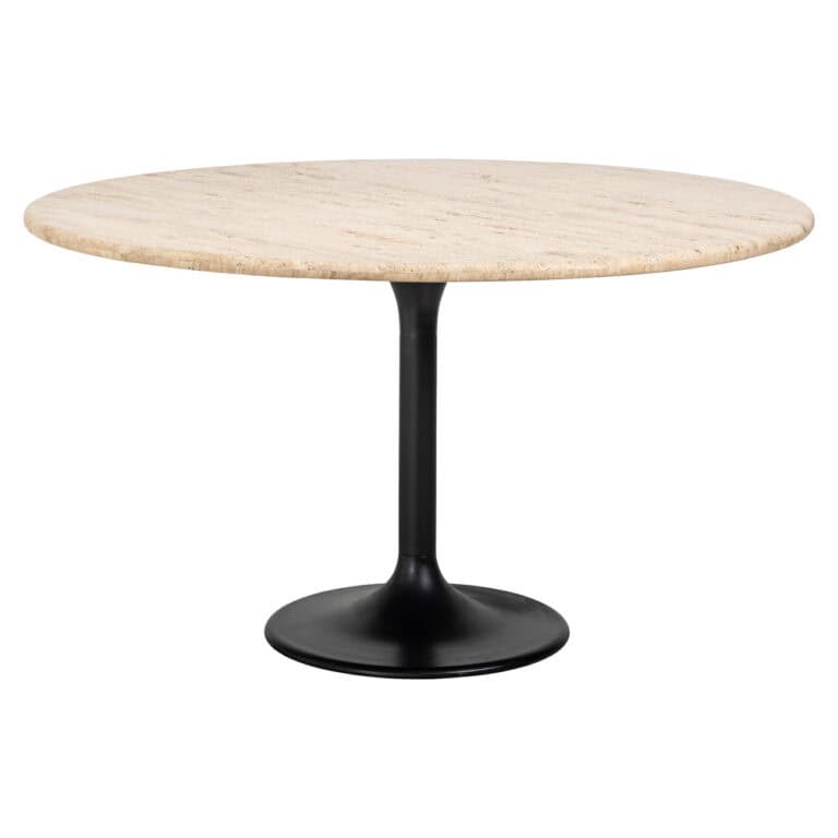 Moderne ronde eettafel met zwart onderstel en beige marmeren blad.