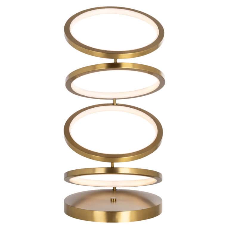 Moderne tafellamp Jaimin met brushed gold afwerking en ronde LED-ringen.