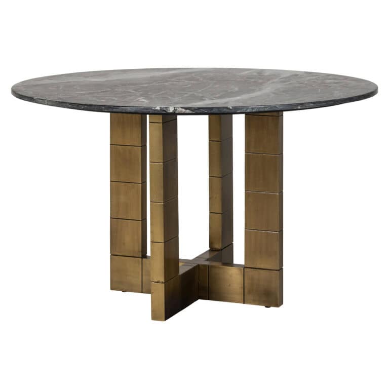 Collada dining table with a marble top and gold base.