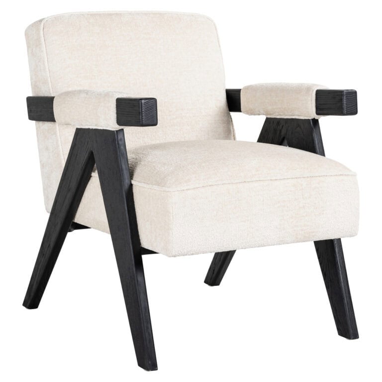 Cooper , a modern lounge chair with white chenille upholstery and a black wooden frame.