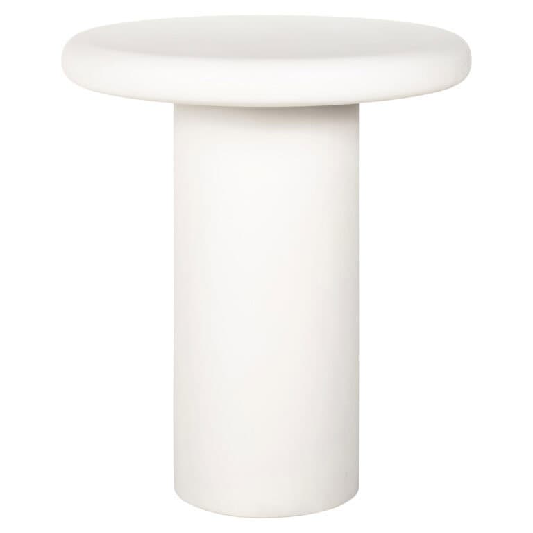 White side table with a round top and a cylindrical base.