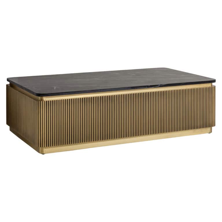 Table de salon e moderne avec un piètement doré et un plateau en marbre noir.