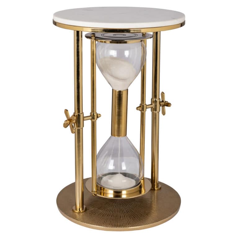 Élégante table d'appoint avec un piètement doré et un design en forme de sablier.