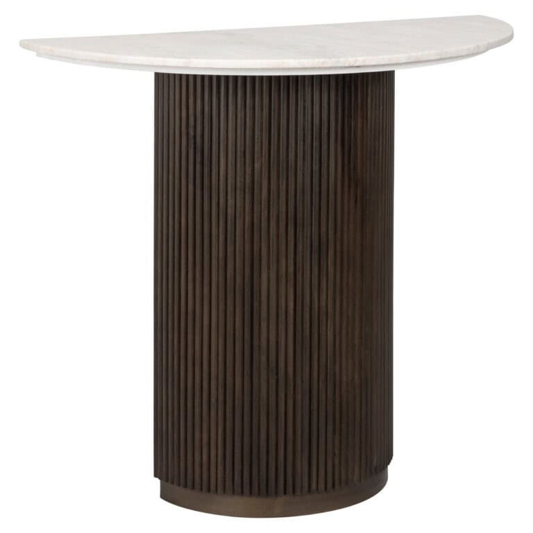 Console Mayfield bruine houten tafel met witte marmeren bovenkant.