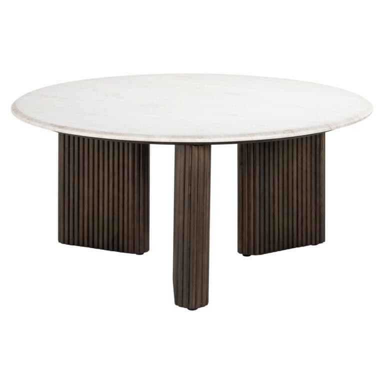Table de salon e ronde moderne avec un plateau en marbre blanc et des pieds en bois foncé.