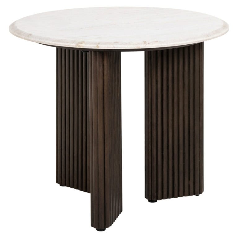 Table d'appoint moderne avec un plateau rond blanc et des pieds en bois foncé.