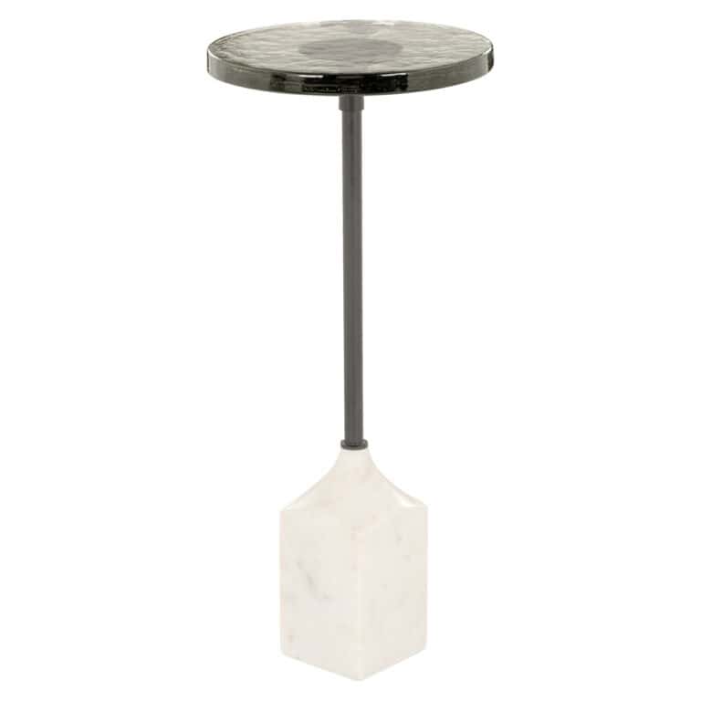 Moderne bijzettafel met marmeren blad en witte basis.